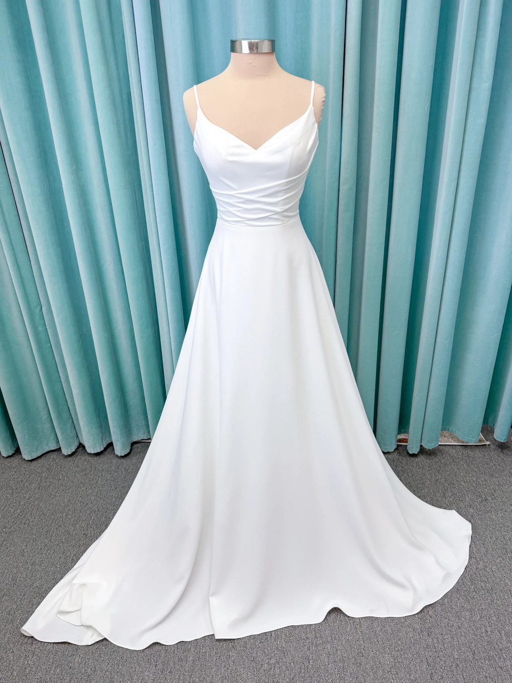 Crepe A-Line Wedding Dress with Draped V-Neckline Sz 8 Ivory